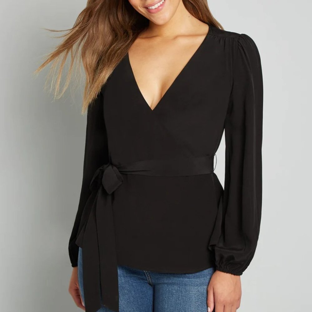 Modcloth Black V-Neck Wrap Blouse with Long Sleeves